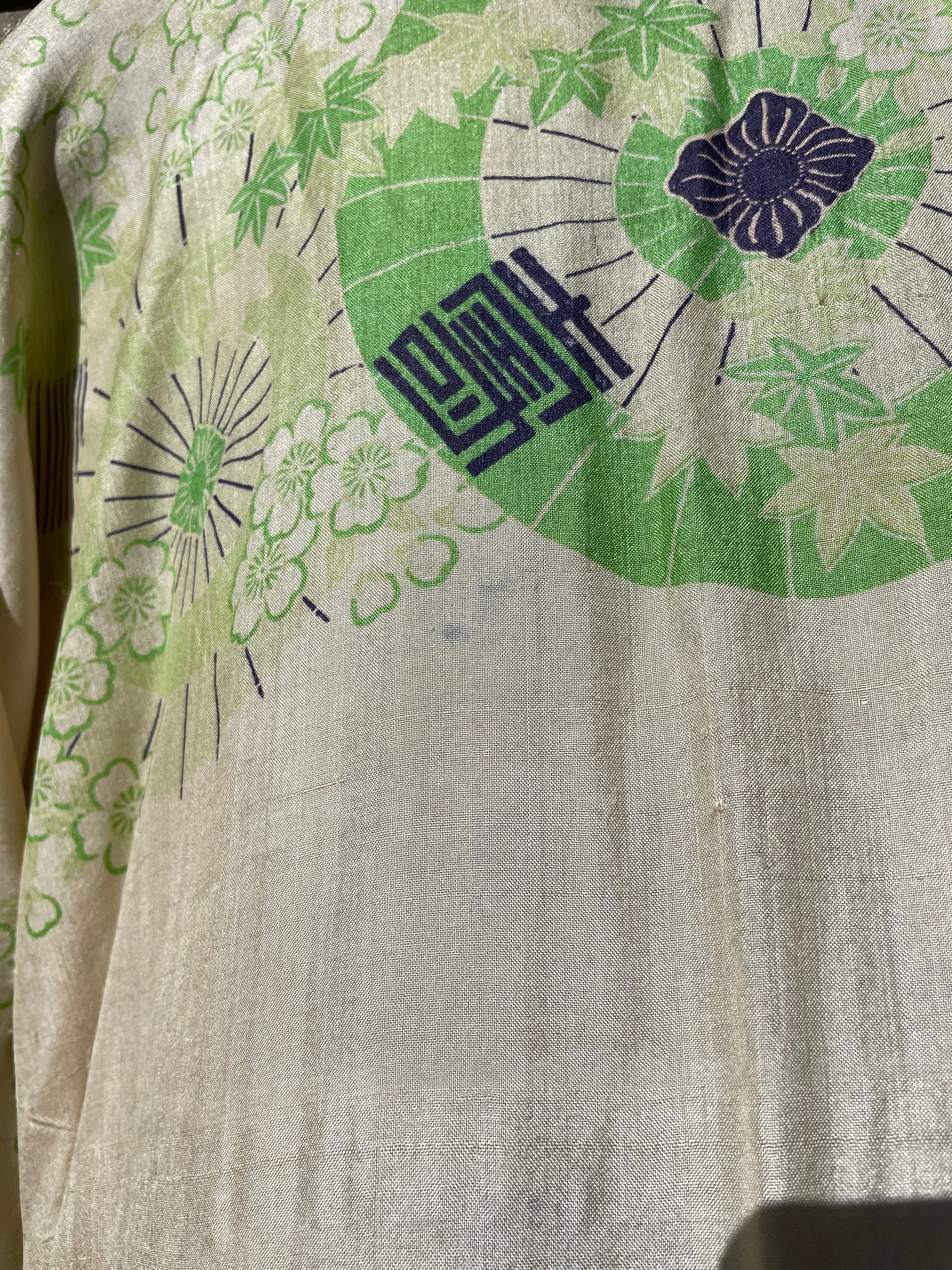 1920s Acid Green Print Japanese Pongee Silk Robe
