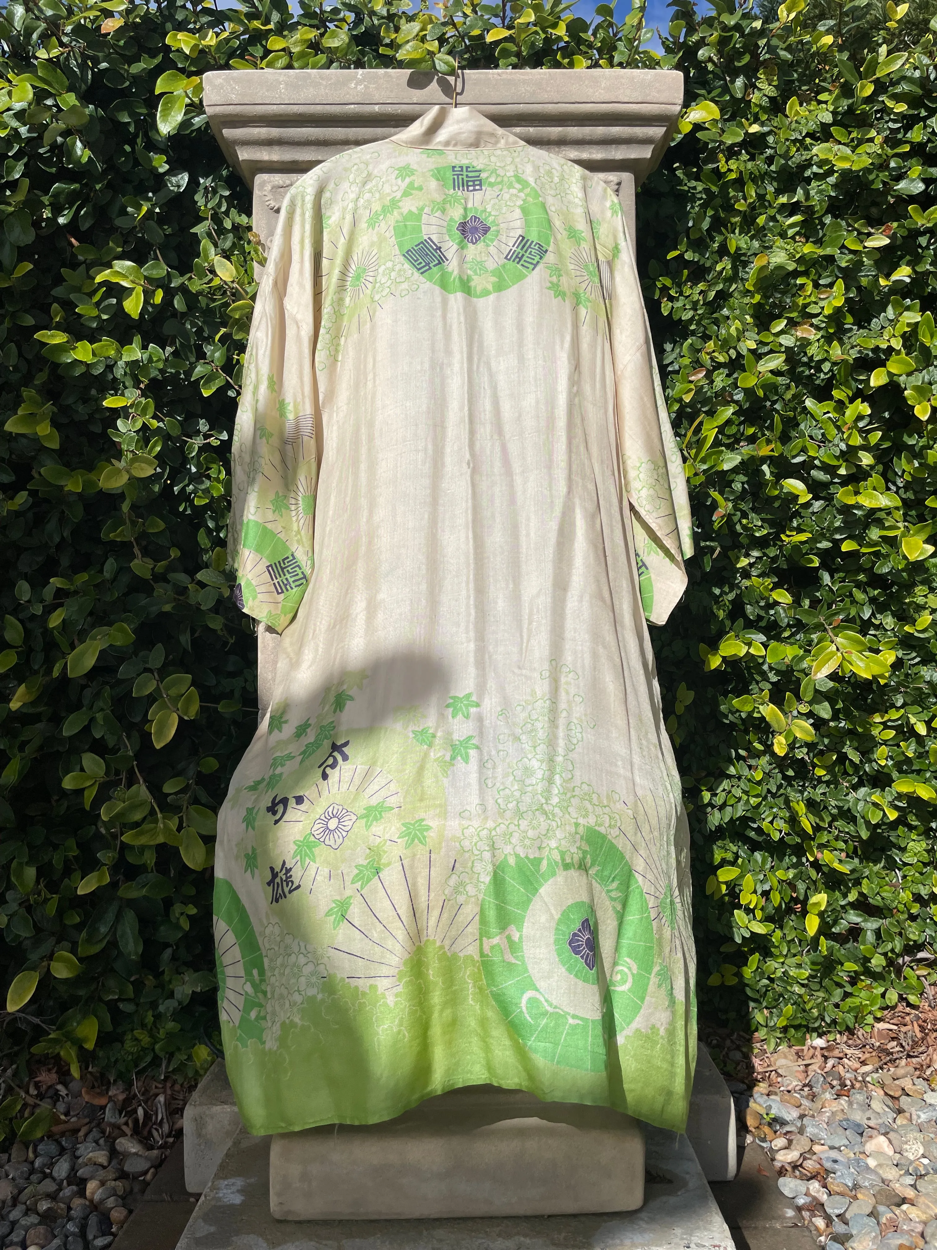 1920s Acid Green Print Japanese Pongee Silk Robe