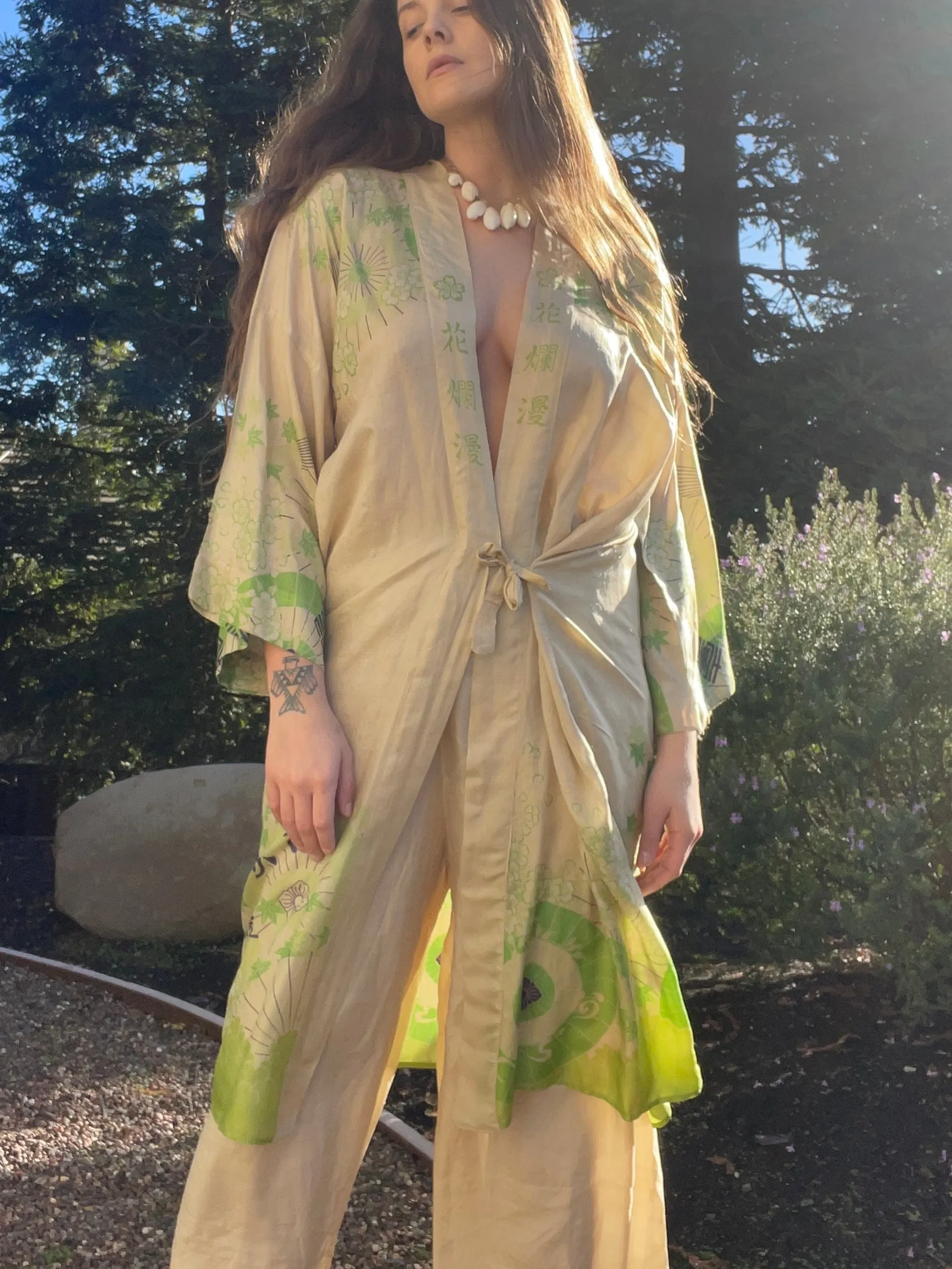 1920s Acid Green Print Japanese Pongee Silk Robe