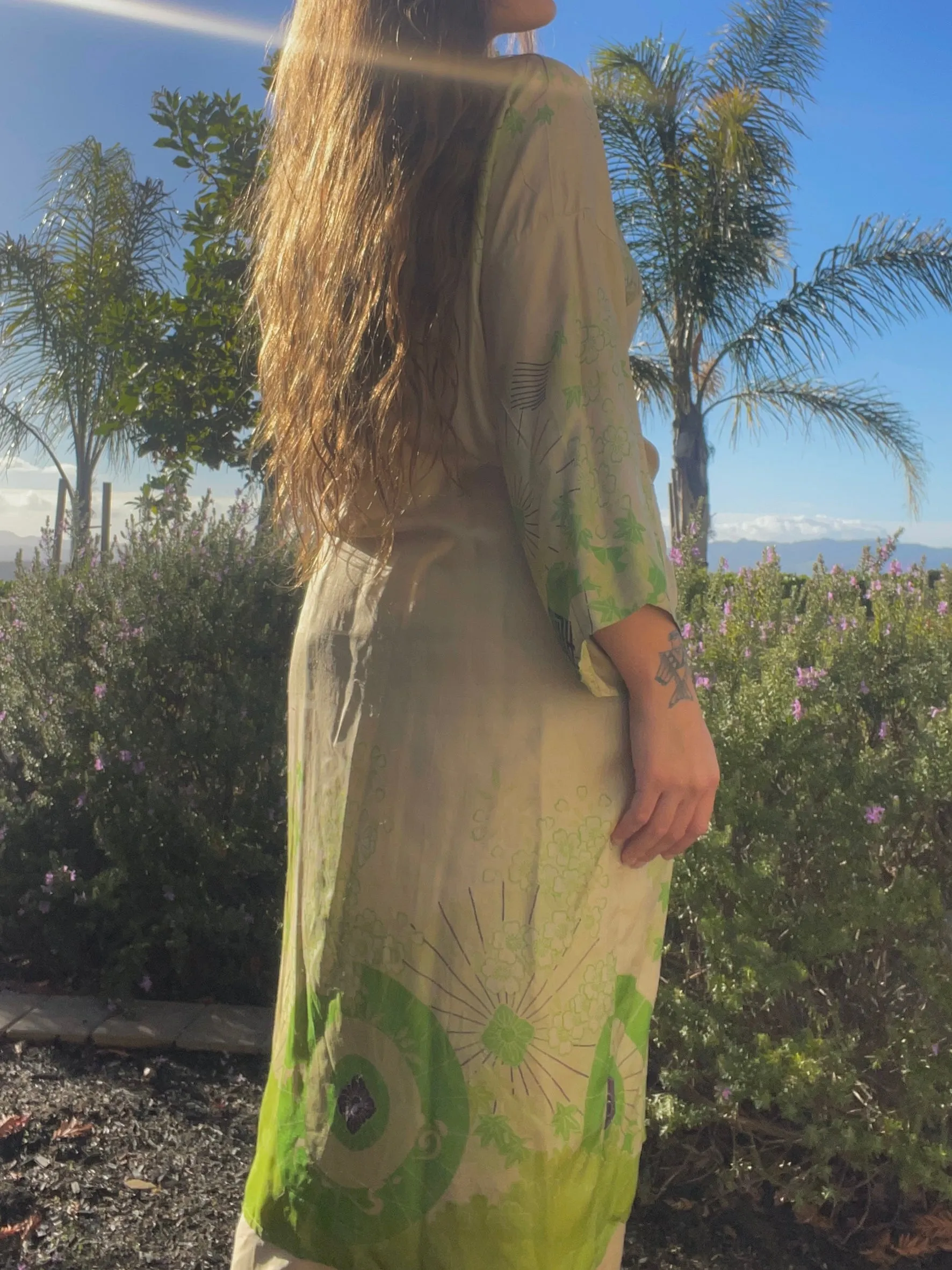 1920s Acid Green Print Japanese Pongee Silk Robe