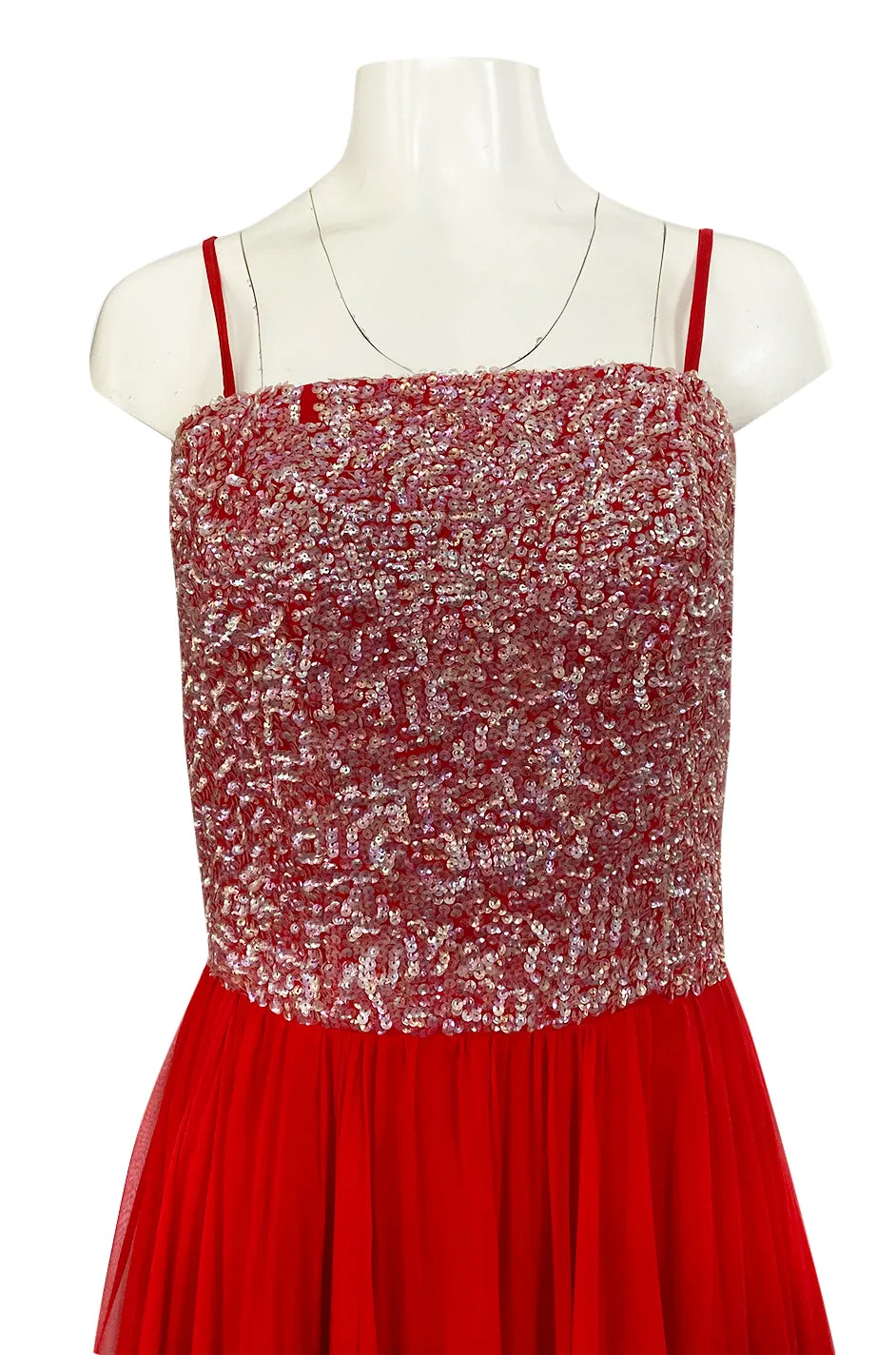 1960s Unlabeled Red Silk Chiffon & Sequin Dress w Matching Cape