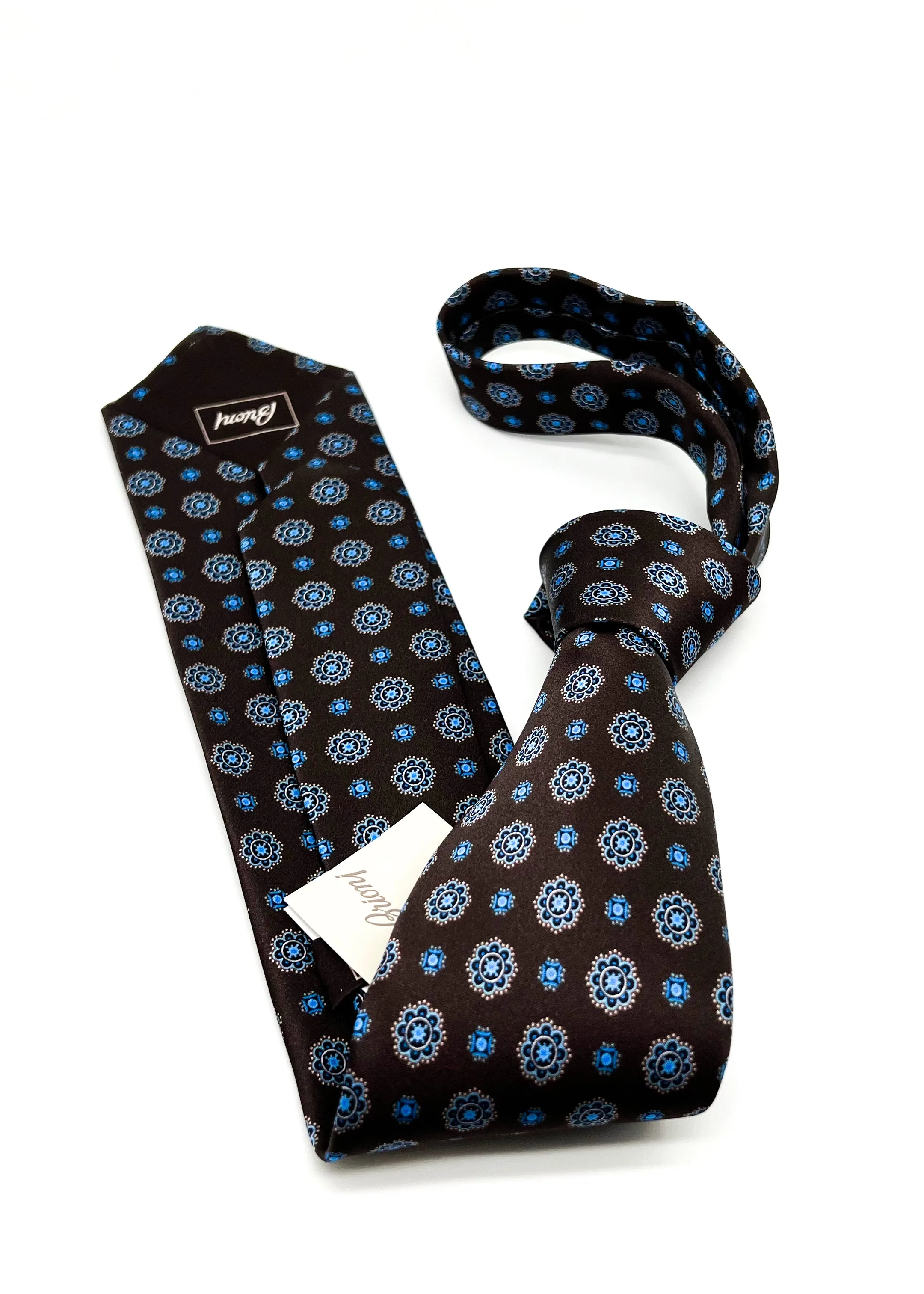 $240 BRIONI - Geometric Floral Brown & Blue Tie Silk 3" - Tie