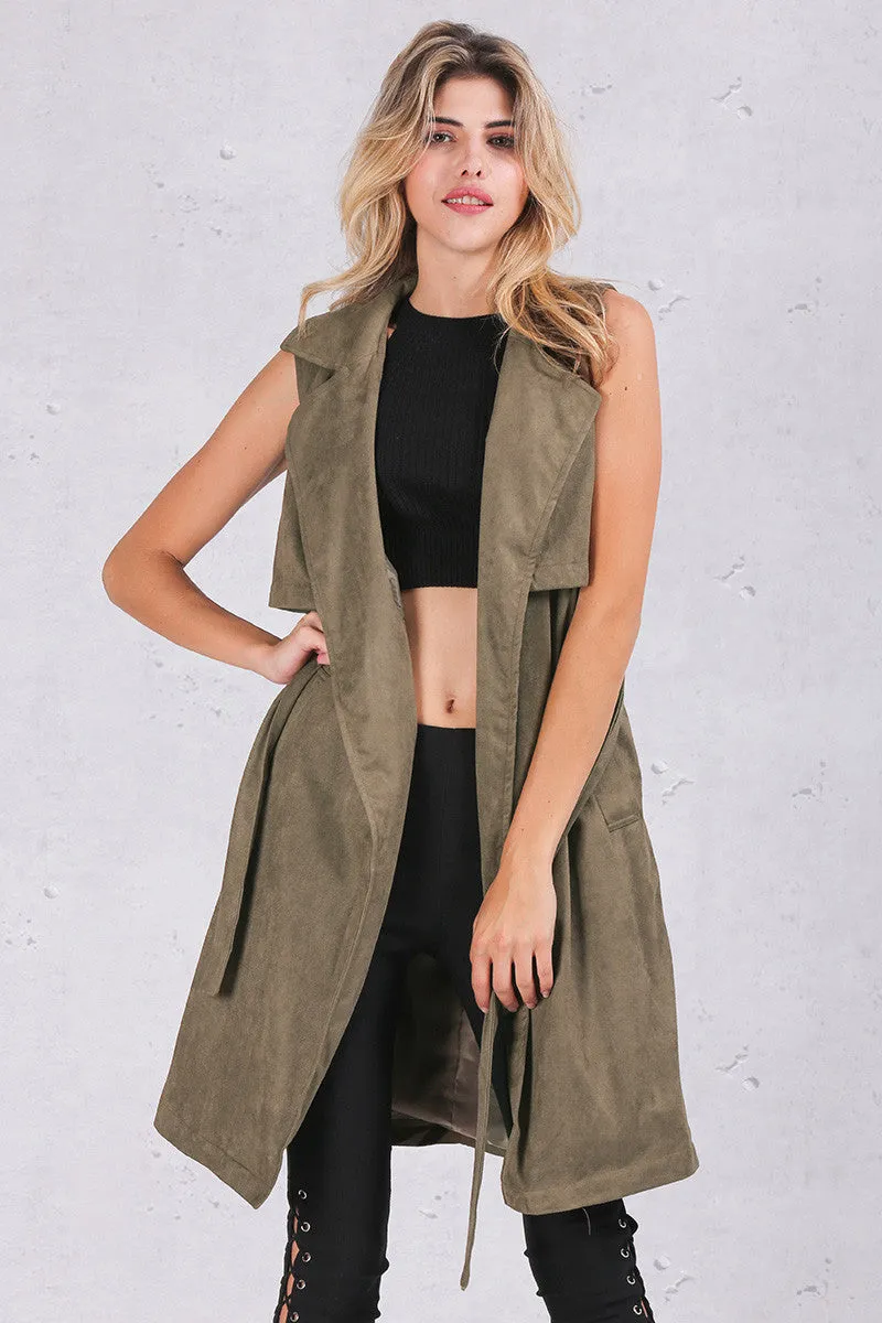 Army Green Suede Trench Coat Vest Waistcoat Jacket Celebrity Style