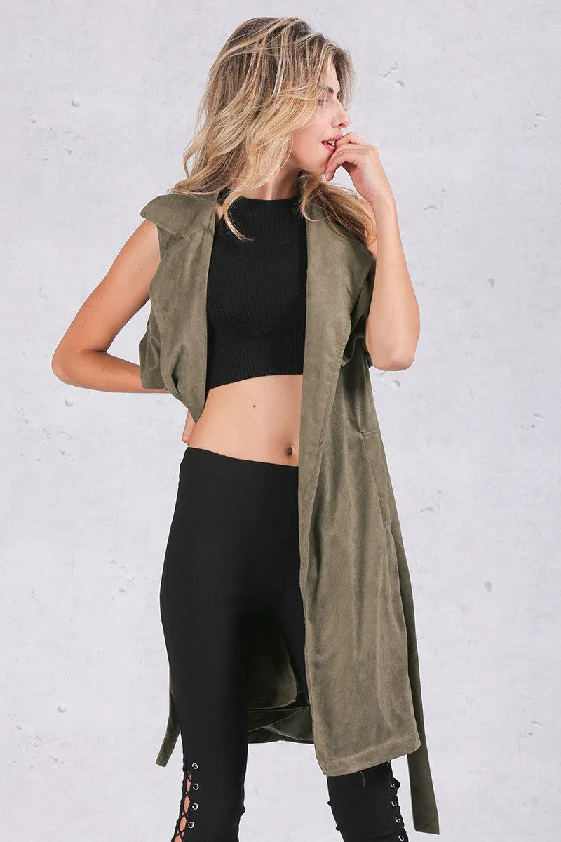 Army Green Suede Trench Coat Vest Waistcoat Jacket Celebrity Style