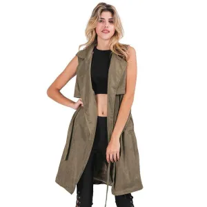 Army Green Suede Trench Coat Vest Waistcoat Jacket Celebrity Style