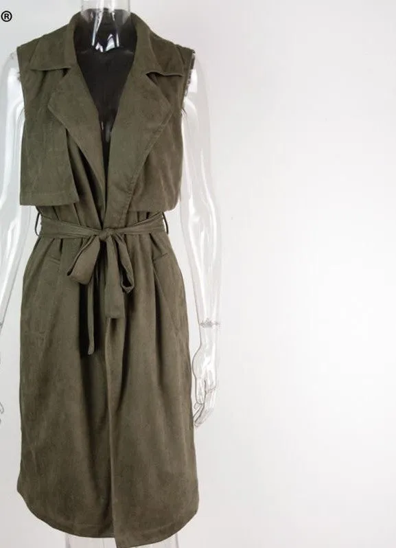 Army Green Suede Trench Coat Vest Waistcoat Jacket Celebrity Style