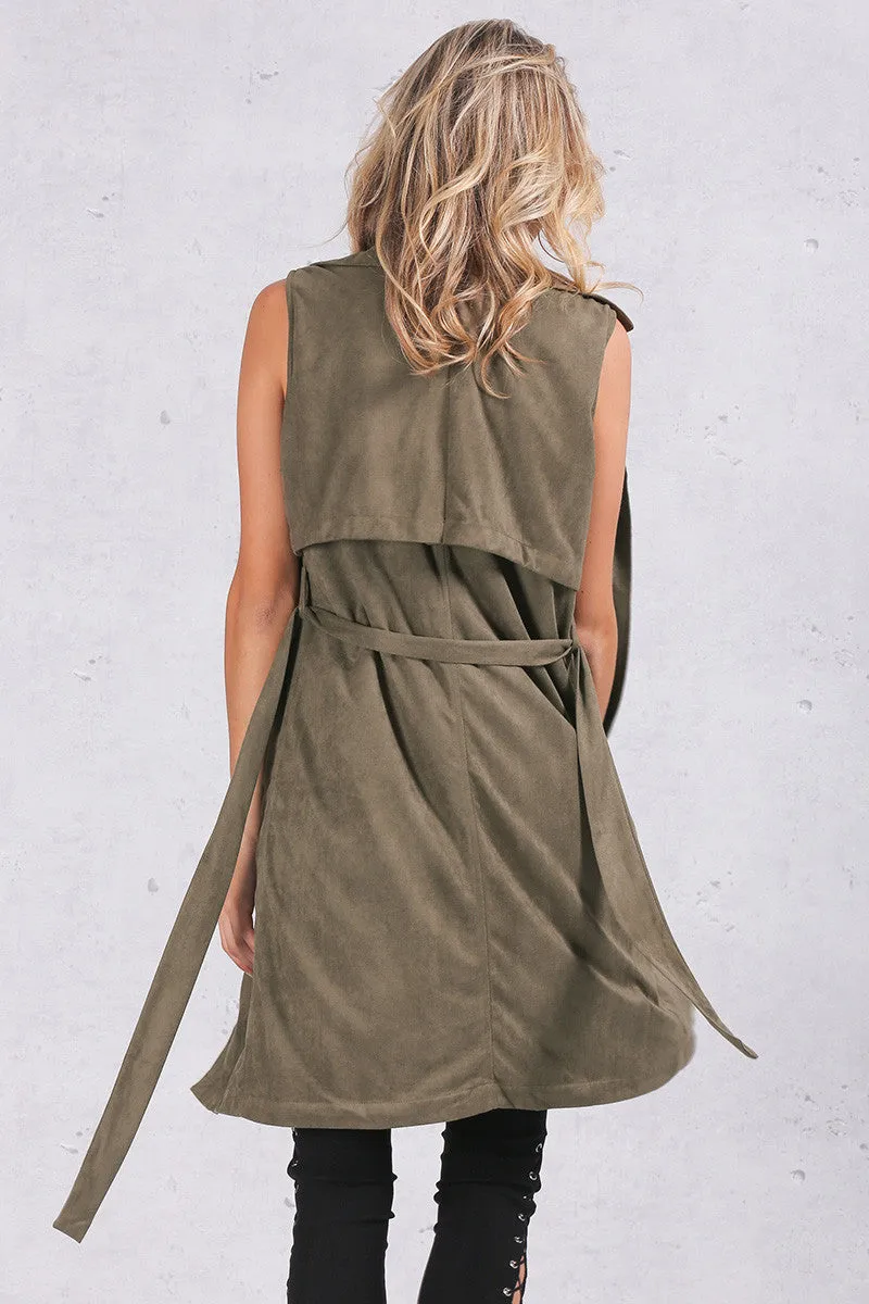 Army Green Suede Trench Coat Vest Waistcoat Jacket Celebrity Style