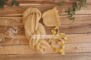 Baby newborn bonnet and knitted wrap set, yellow, butter, Velvet ties, made to order