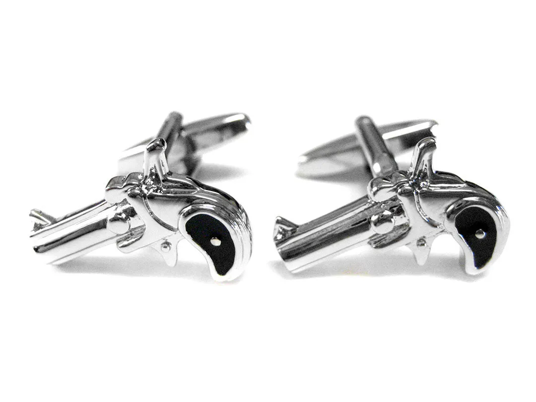 Black and Silver Toned Revolver Pistol Gun Cufflinks