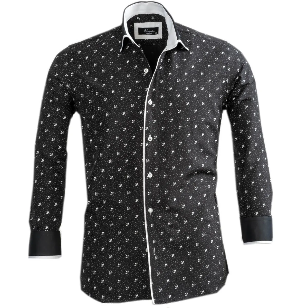 Black White Floral Mens Slim Fit Designer French Cuff Shirt - tailored Cotton Shirts for Work and Casual