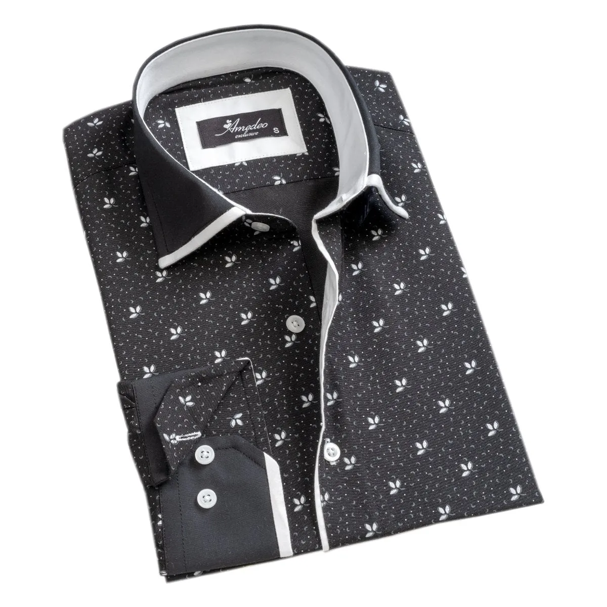 Black White Floral Mens Slim Fit Designer French Cuff Shirt - tailored Cotton Shirts for Work and Casual