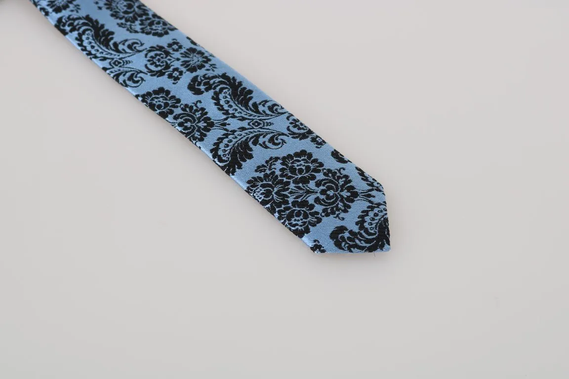 Blue Silk Black Print Slim Tie