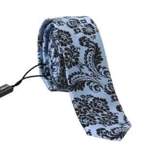 Blue Silk Black Print Slim Tie
