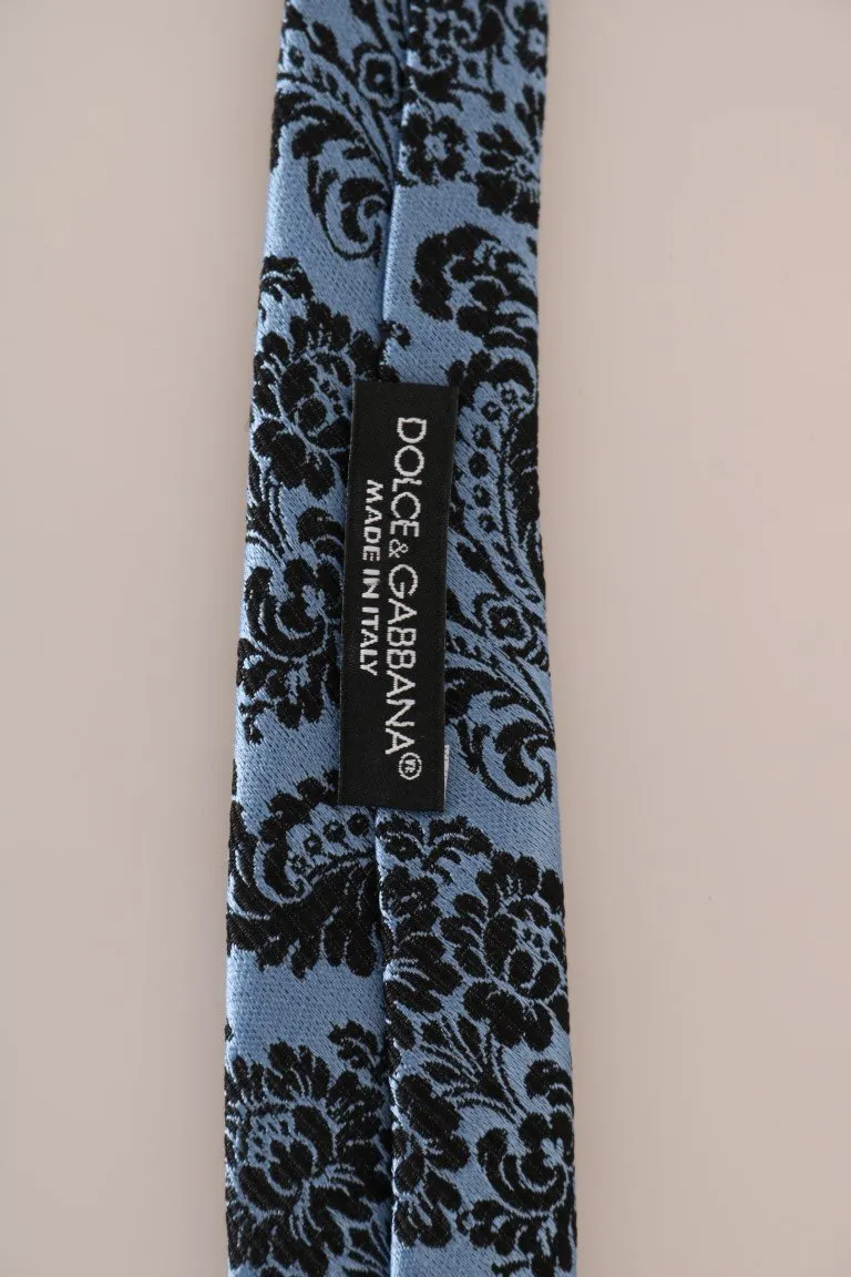 Blue Silk Black Print Slim Tie