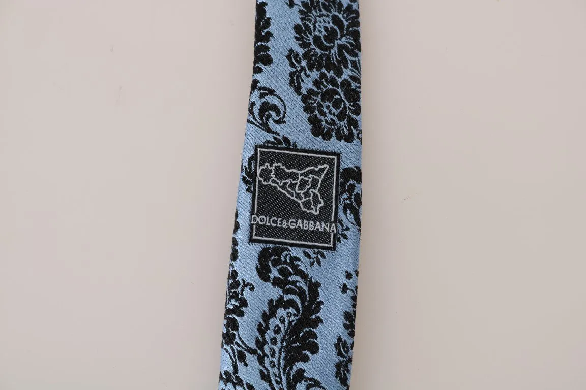 Blue Silk Black Print Slim Tie