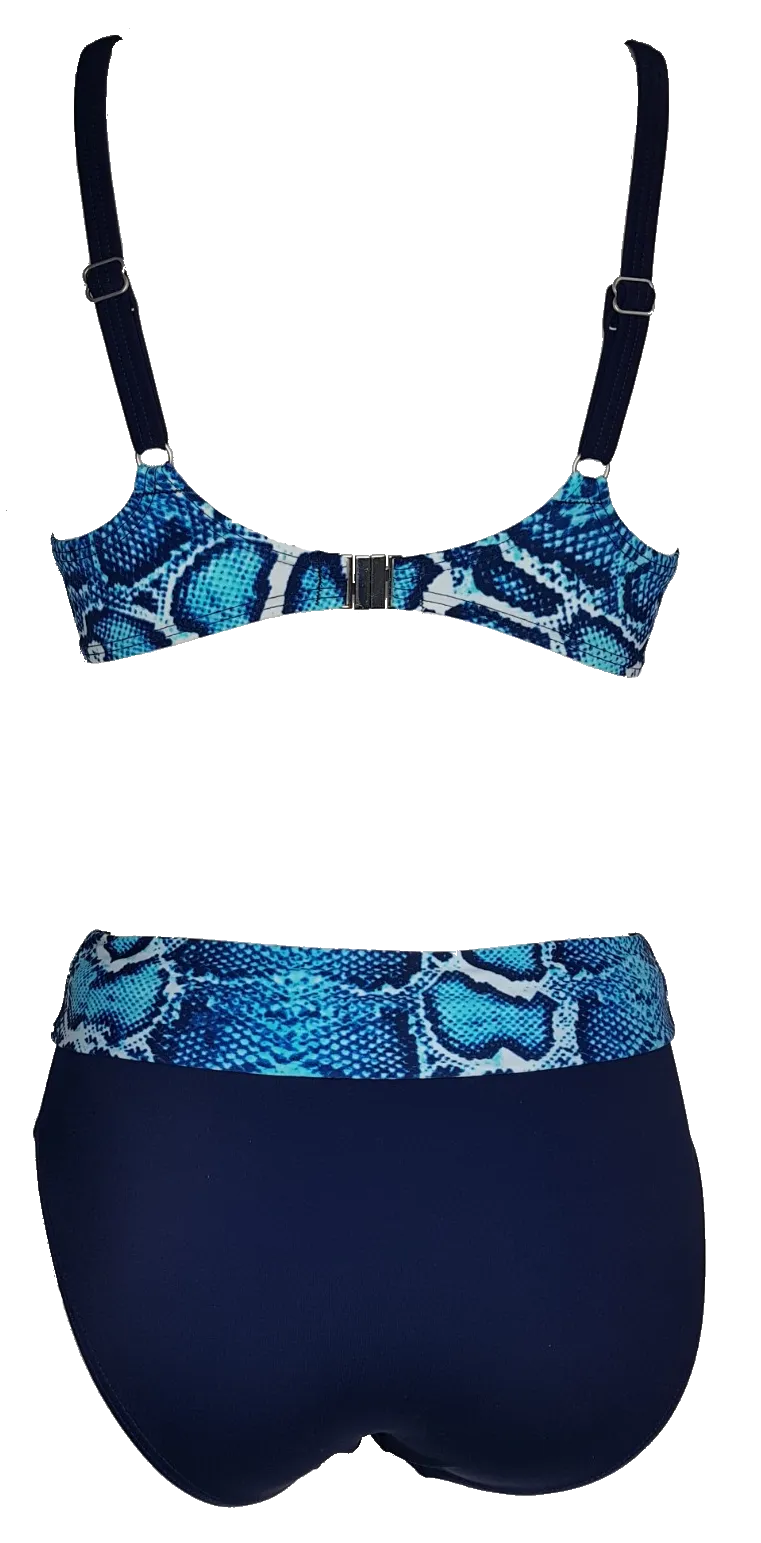 Blue snake high waist folded bikini bottom