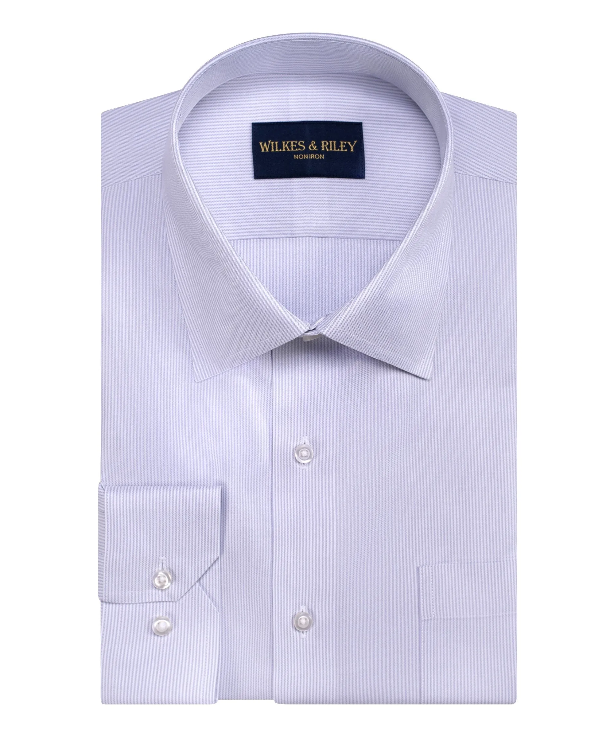 Classic Fit Grey Stripe Spread Collar Non-Iron Twill Dress Shirt