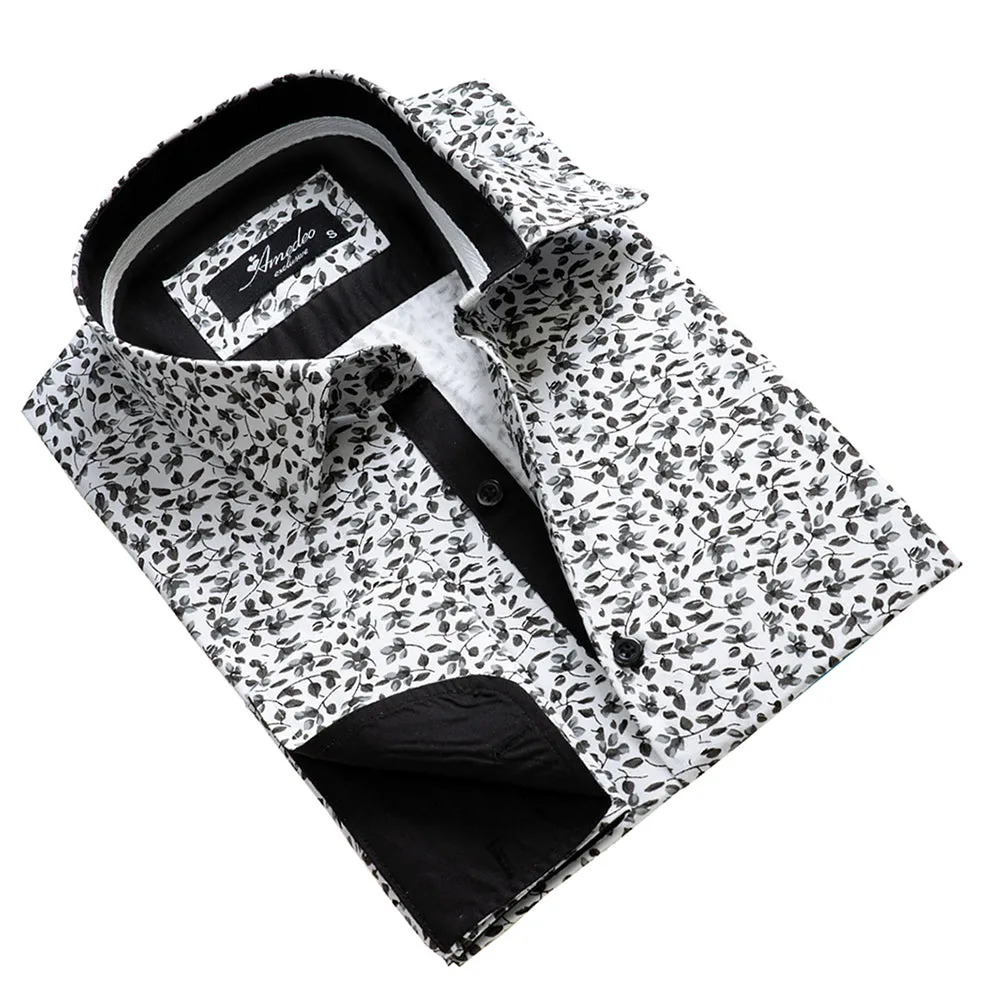Dark Grey Floral Mens Slim Fit French Cuff Shirts with Cufflink Holes - Casual and Formal