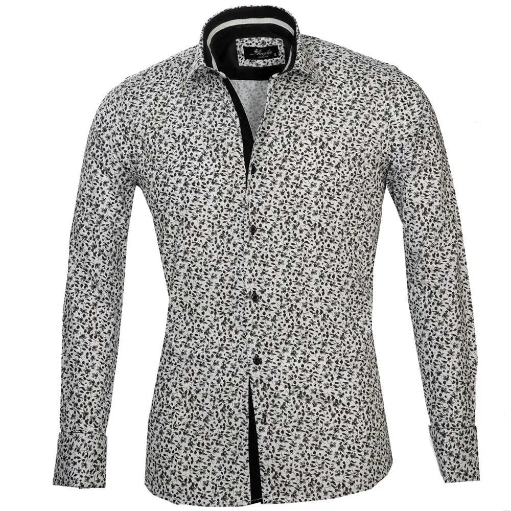 Dark Grey Floral Mens Slim Fit French Cuff Shirts with Cufflink Holes - Casual and Formal