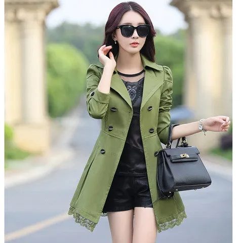 fashion female spring slim trench coat / women's lace lap style solid colour double breasted long coat / size M-XXXL
