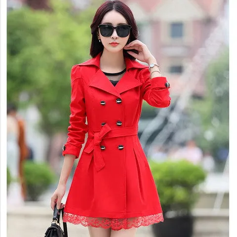 fashion female spring slim trench coat / women's lace lap style solid colour double breasted long coat / size M-XXXL