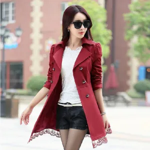 fashion female spring slim trench coat / women's lace lap style solid colour double breasted long coat / size M-XXXL