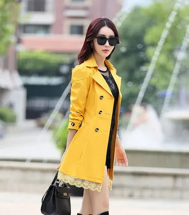 fashion female spring slim trench coat / women's lace lap style solid colour double breasted long coat / size M-XXXL