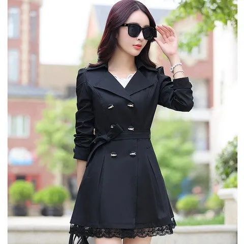 fashion female spring slim trench coat / women's lace lap style solid colour double breasted long coat / size M-XXXL