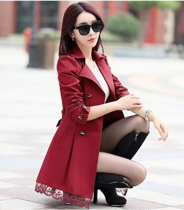 fashion female spring slim trench coat / women's lace lap style solid colour double breasted long coat / size M-XXXL