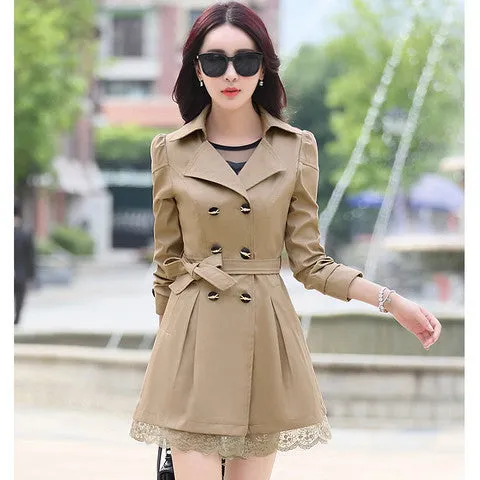 fashion female spring slim trench coat / women's lace lap style solid colour double breasted long coat / size M-XXXL