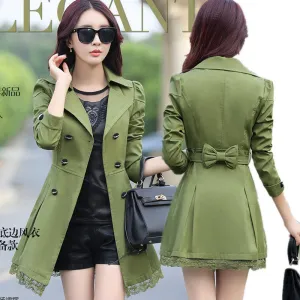 fashion female spring slim trench coat / women's lace lap style solid colour double breasted long coat / Slim windbreaker