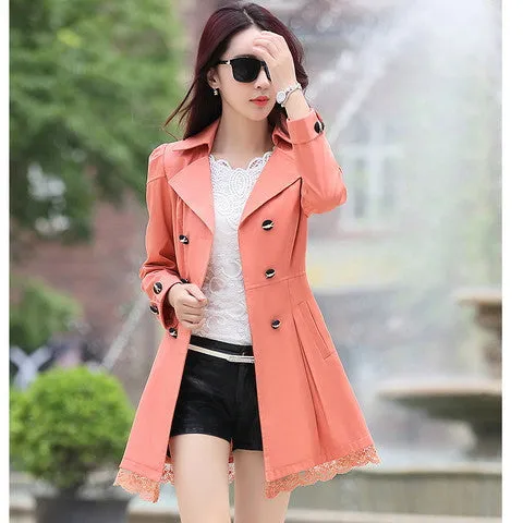 fashion female spring slim trench coat / women's lace lap style solid colour double breasted long coat / Slim windbreaker