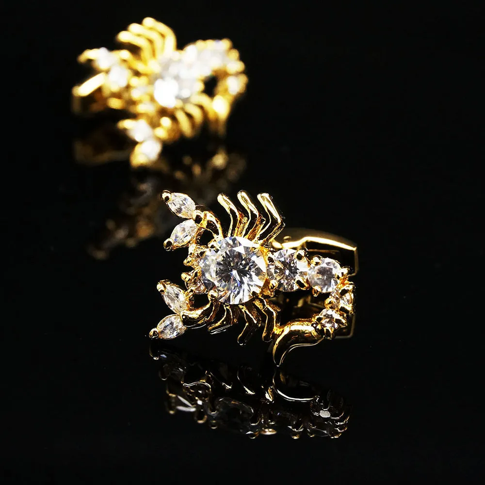 Gold Big Diamond Mens Stainless Steel Scorpions Cufflinks for Shirt with Box - Hand Crafted