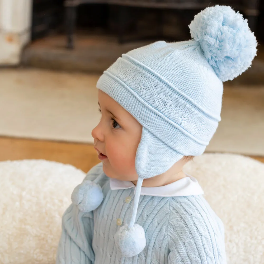 Griffin Blue Baby Bobble Hat with Ear Flaps