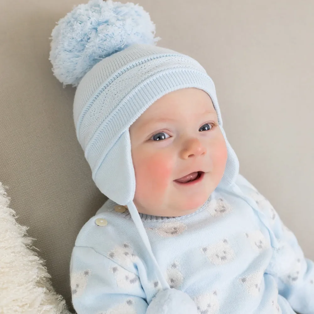 Griffin Blue Baby Bobble Hat with Ear Flaps