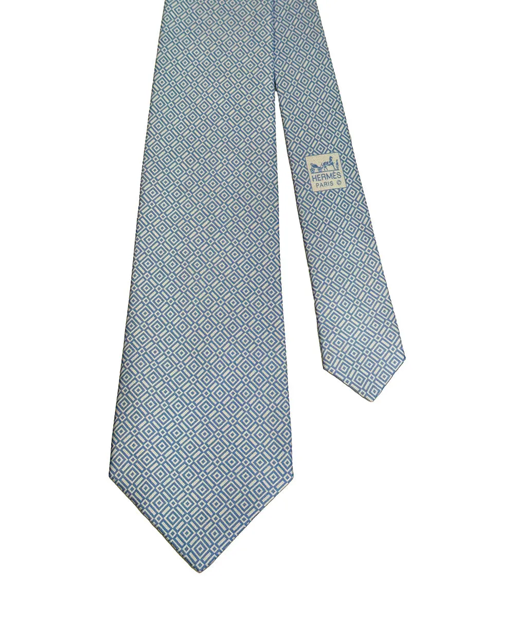 Hermes Silk Tie - Blue and White Diamond Print