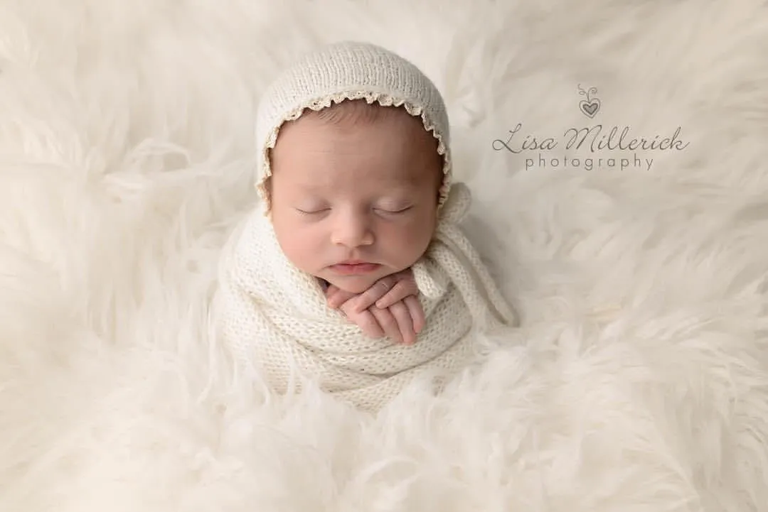 Lace edge NB bonnet alpaca with matching wrap Newborn Baby photo props knitted ties