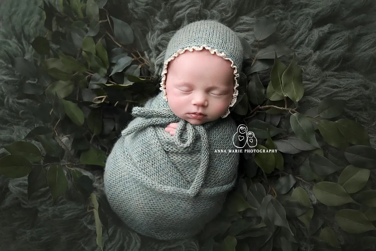 Lace edge NB bonnet alpaca with matching wrap Newborn Baby photo props knitted ties