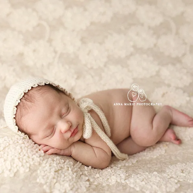 Lace edge NB bonnet alpaca with matching wrap Newborn Baby photo props knitted ties