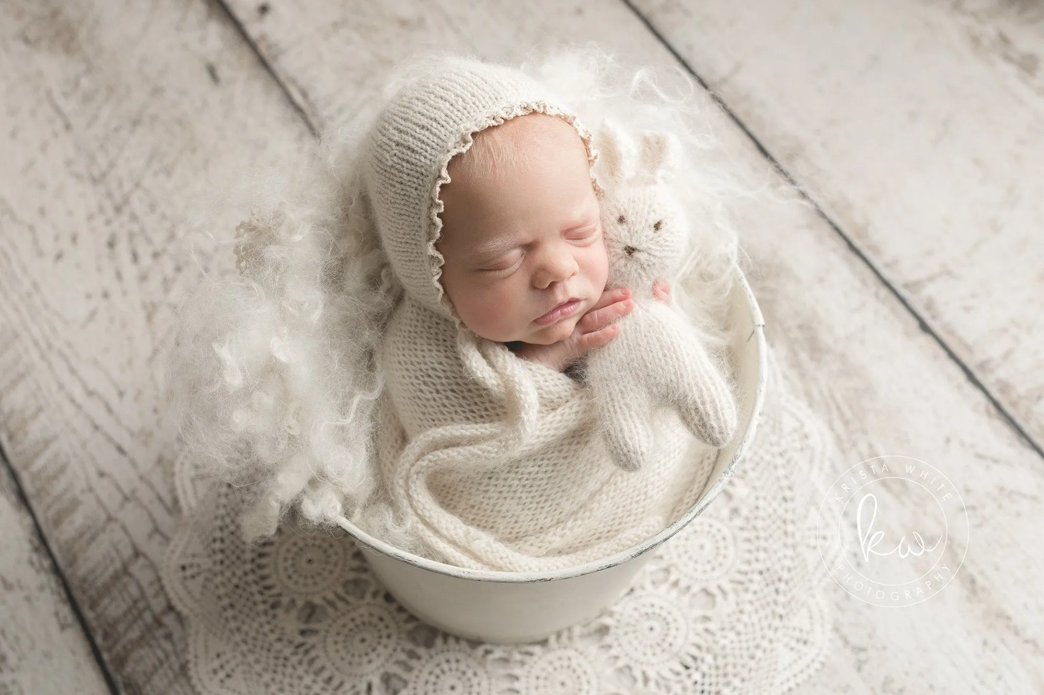 Lace edge NB bonnet alpaca with matching wrap Newborn Baby photo props knitted ties