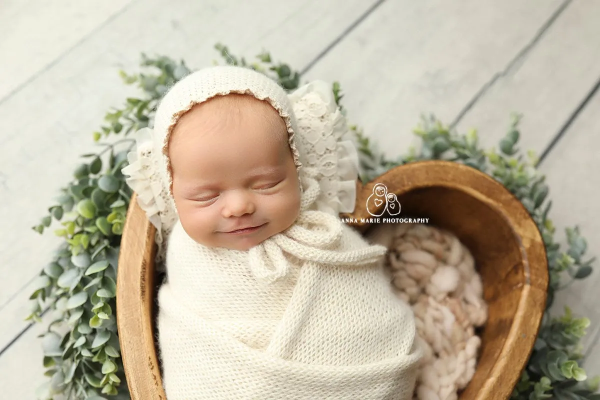 Lace edge NB bonnet alpaca with matching wrap Newborn Baby photo props knitted ties