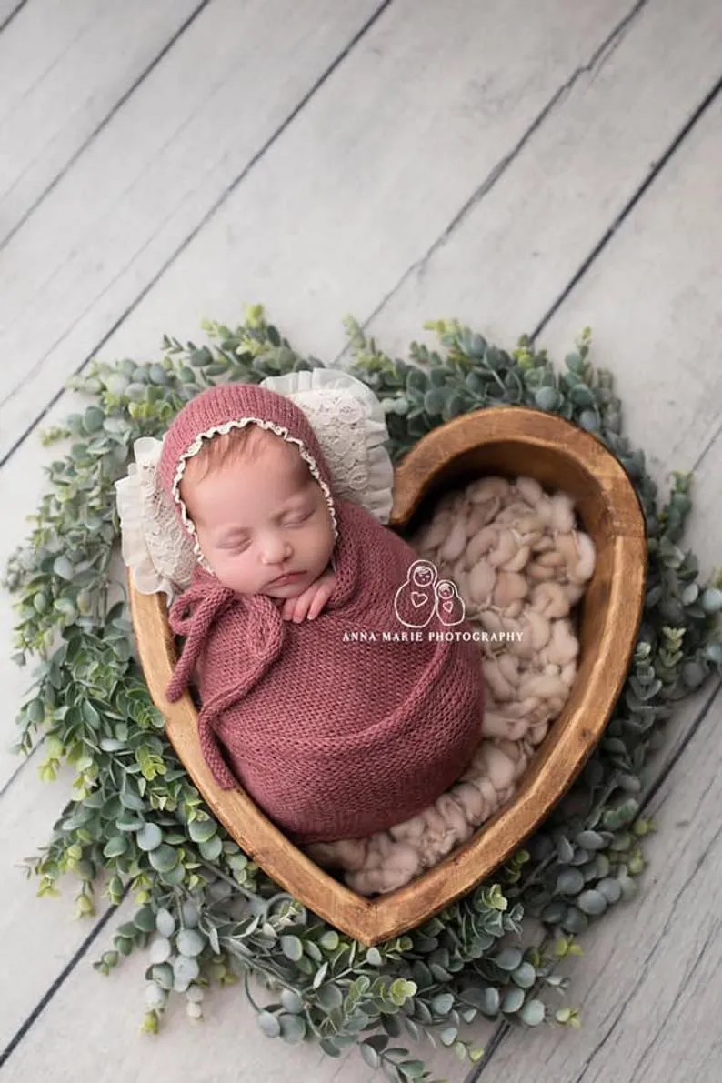Lace edge NB bonnet alpaca with matching wrap Newborn Baby photo props knitted ties