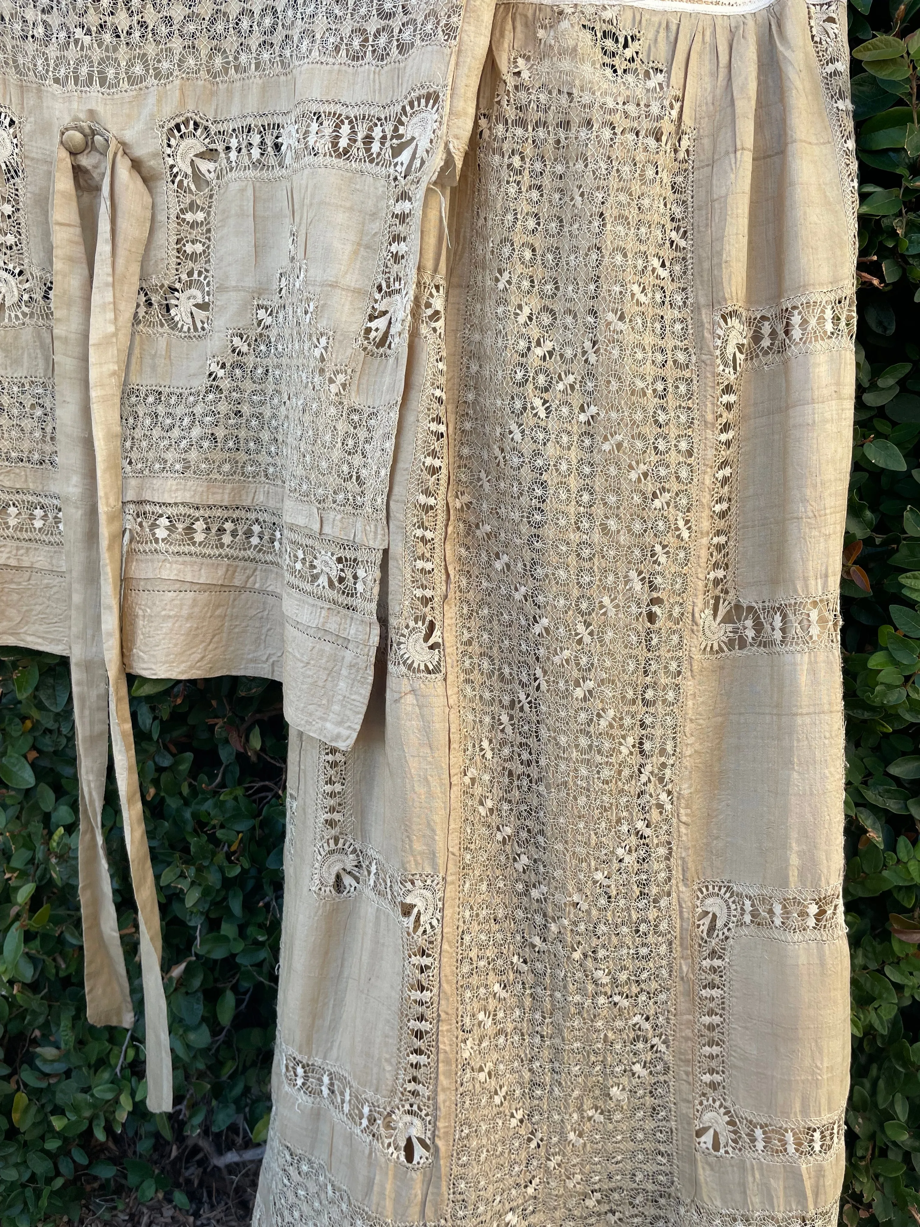 Late Teens, Early 1920s Raw Silk Spider Web Drawnwork Two Piece Dress Set