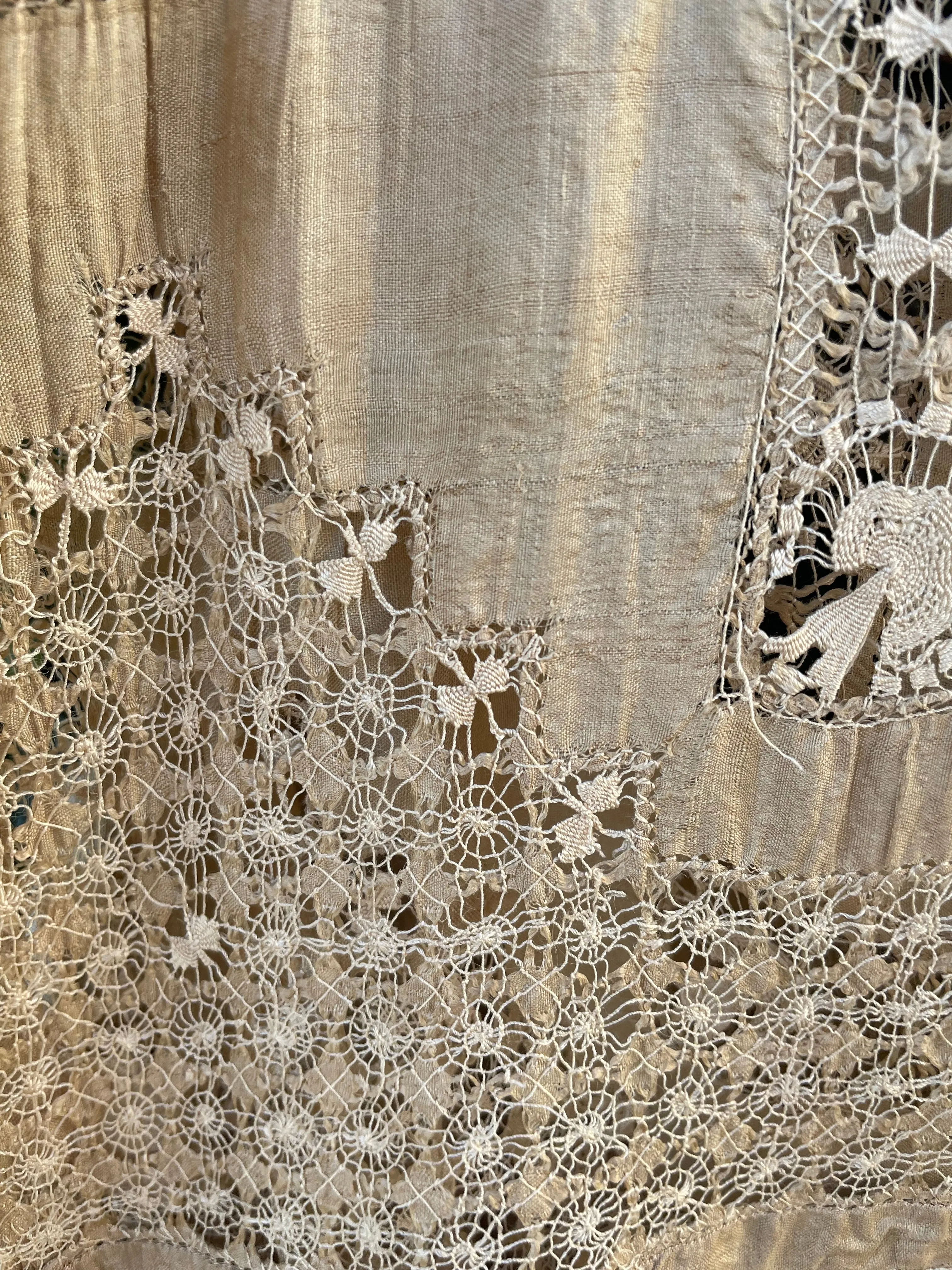 Late Teens, Early 1920s Raw Silk Spider Web Drawnwork Two Piece Dress Set