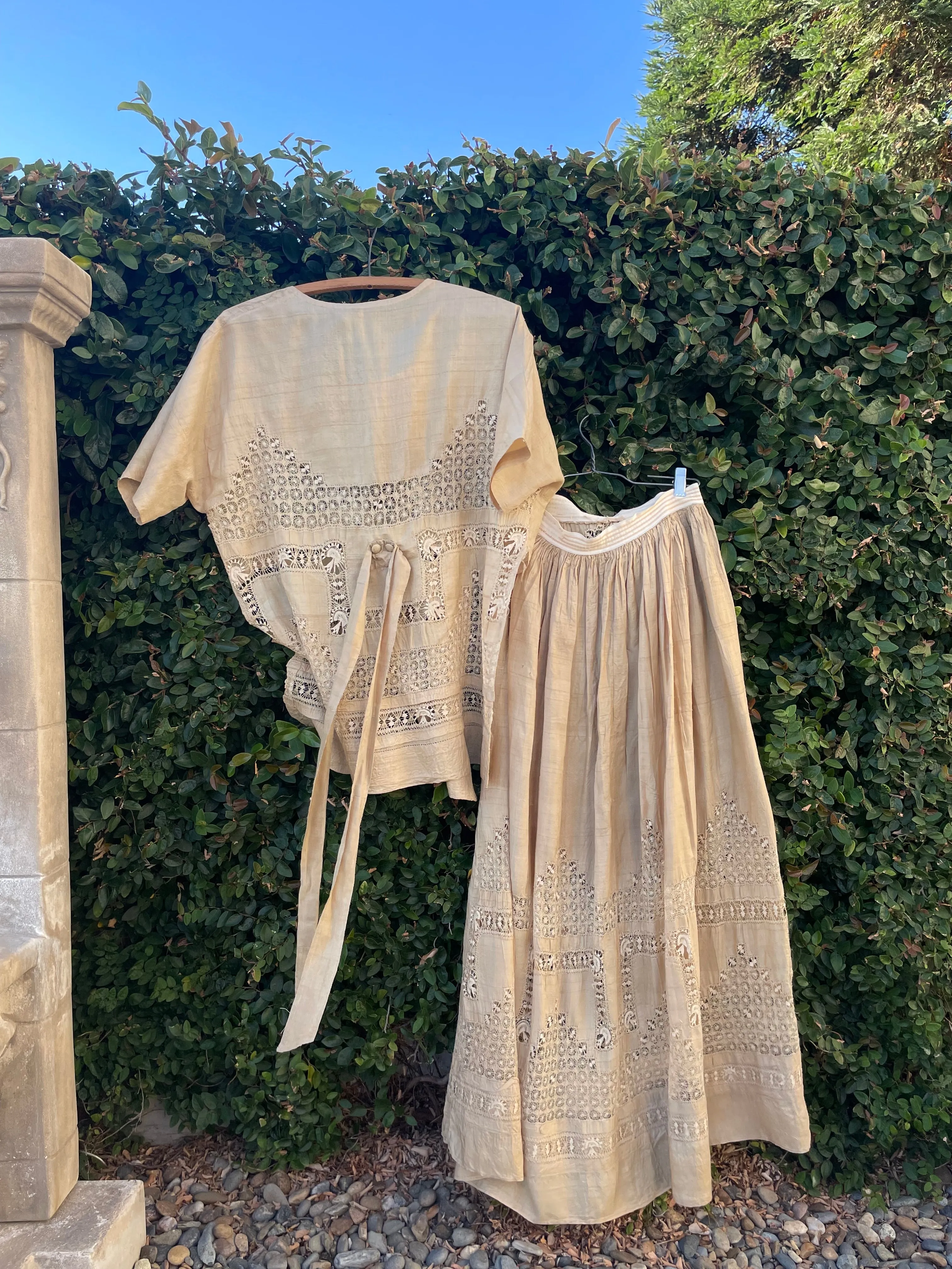 Late Teens, Early 1920s Raw Silk Spider Web Drawnwork Two Piece Dress Set