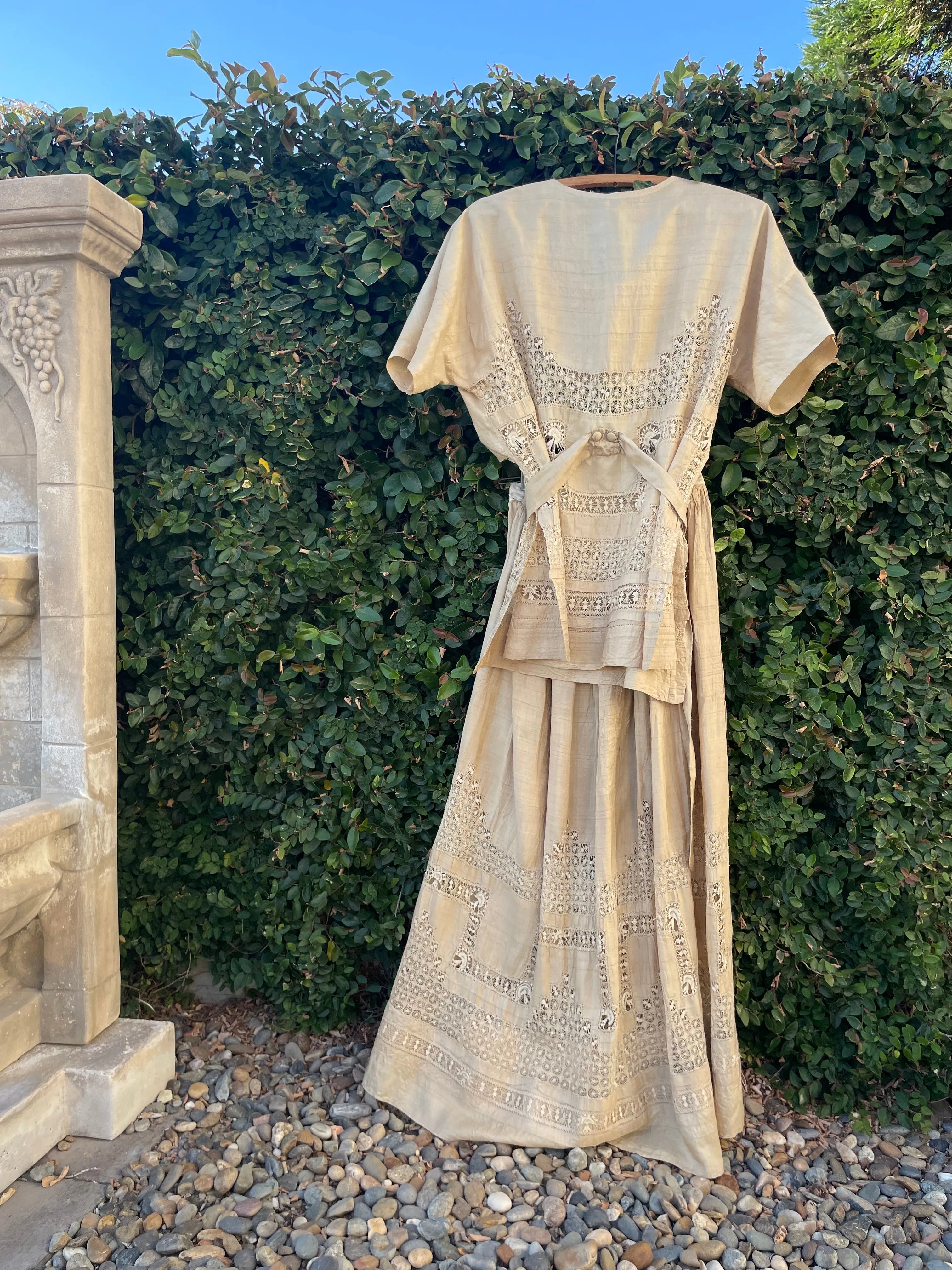 Late Teens, Early 1920s Raw Silk Spider Web Drawnwork Two Piece Dress Set