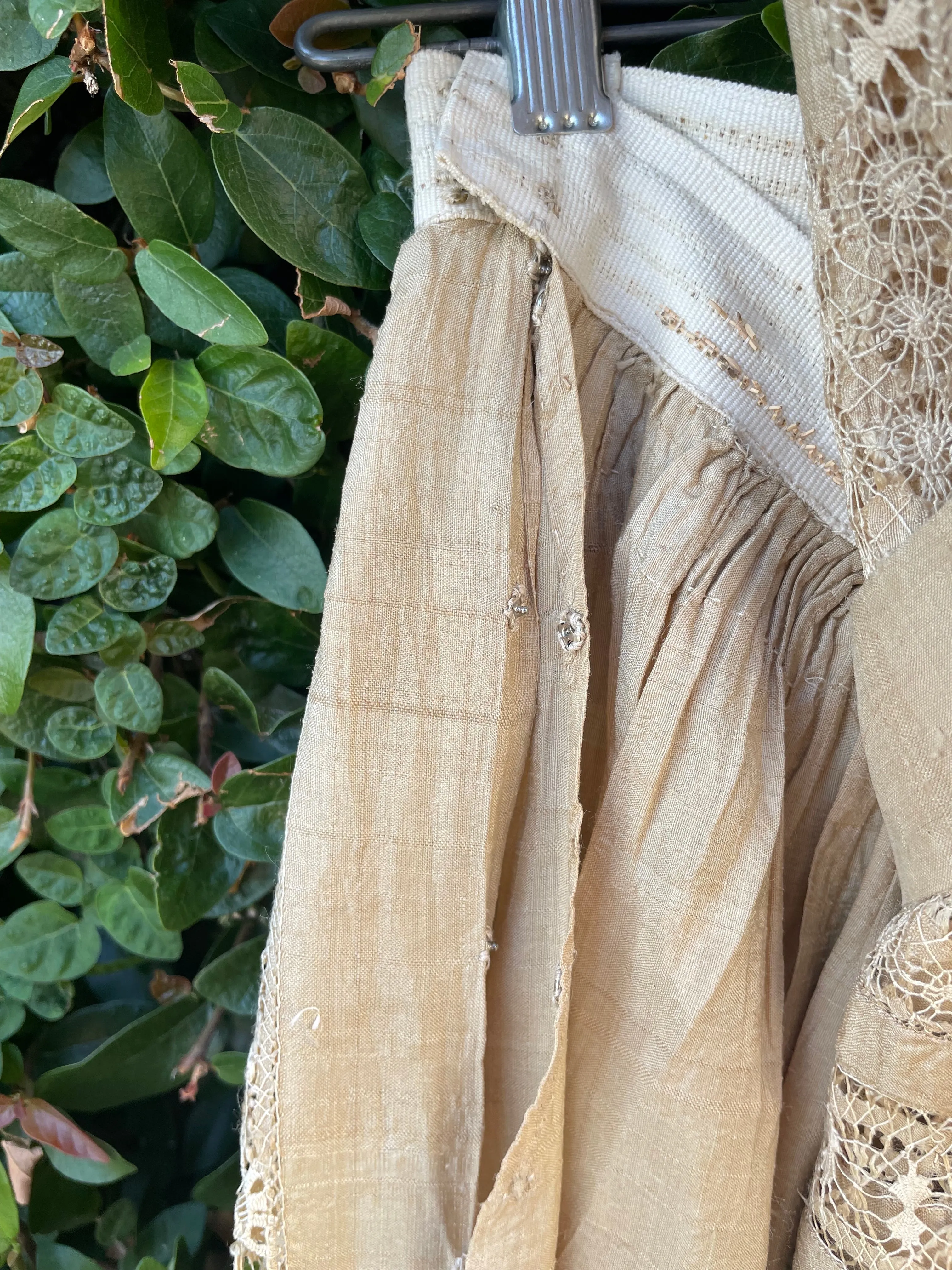 Late Teens, Early 1920s Raw Silk Spider Web Drawnwork Two Piece Dress Set
