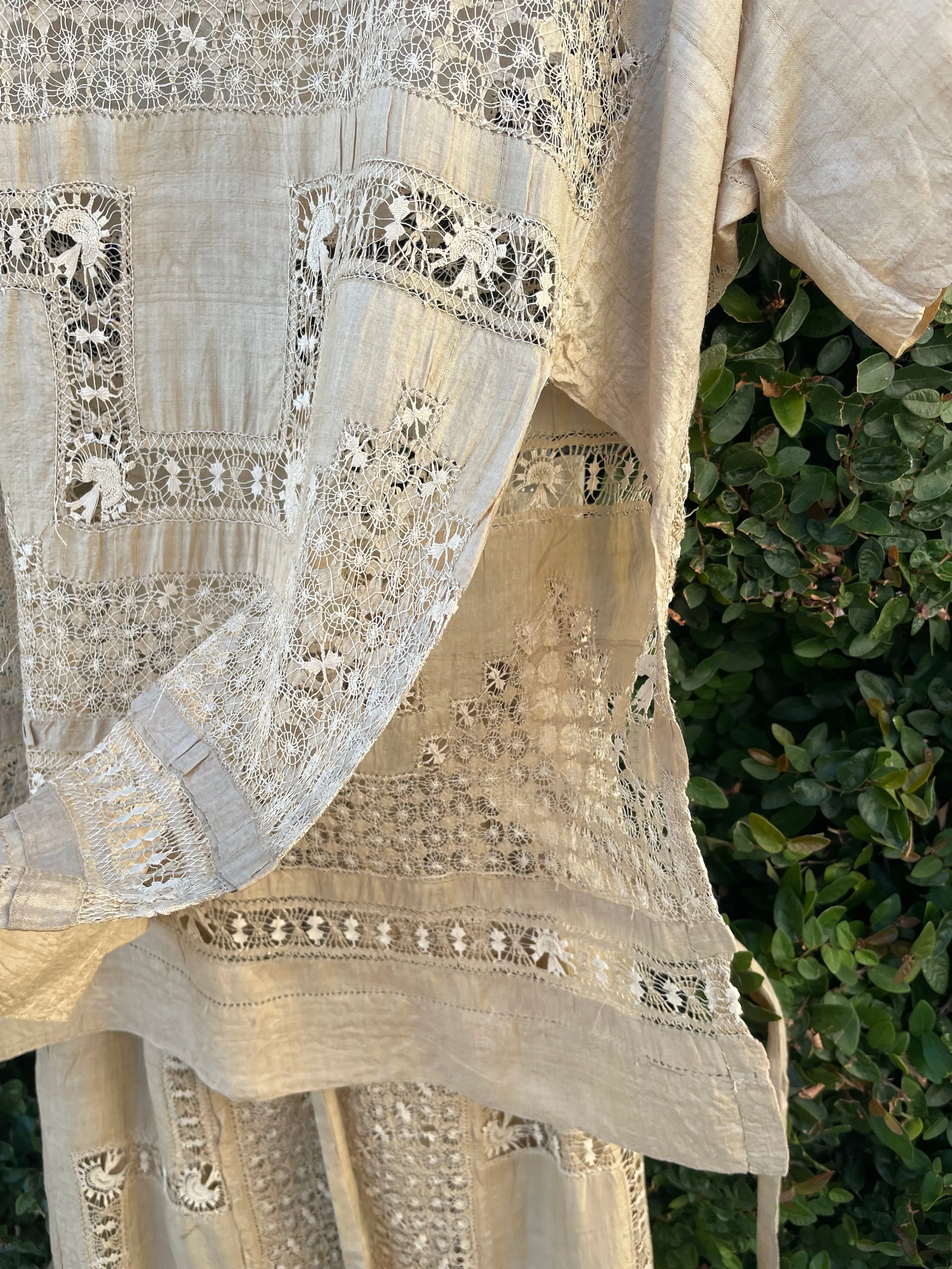 Late Teens, Early 1920s Raw Silk Spider Web Drawnwork Two Piece Dress Set