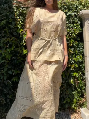 Late Teens, Early 1920s Raw Silk Spider Web Drawnwork Two Piece Dress Set