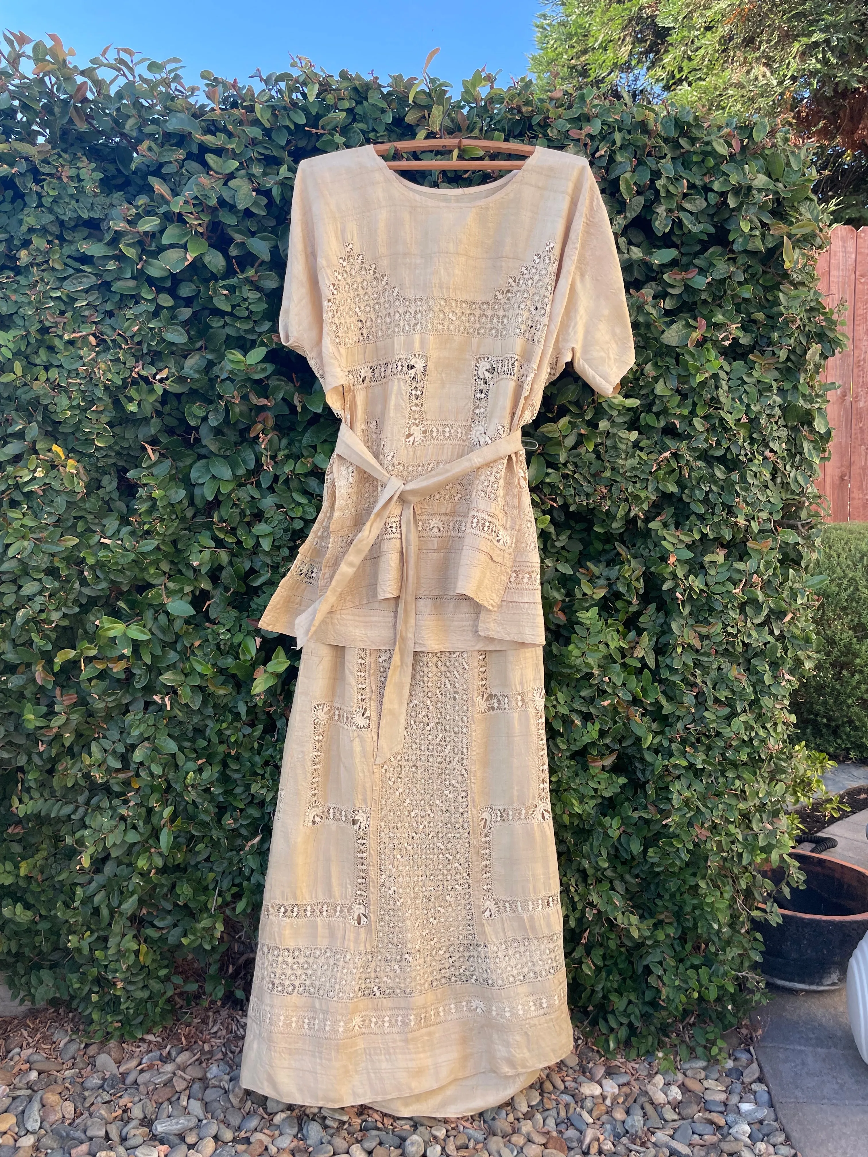 Late Teens, Early 1920s Raw Silk Spider Web Drawnwork Two Piece Dress Set